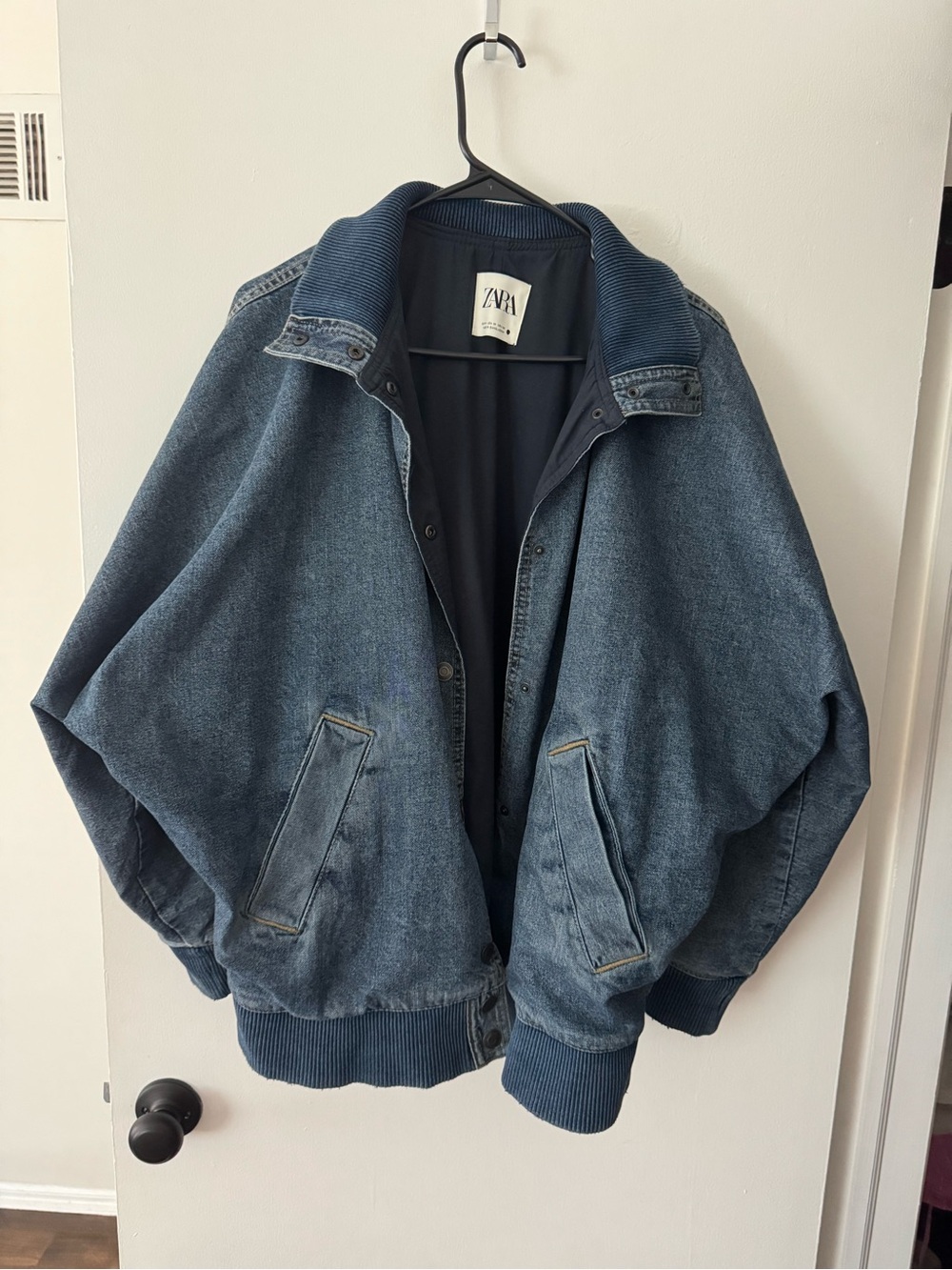 Zara Distressed Womens Blue Denim Bomber Jacket